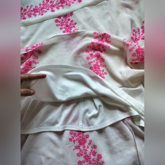 Danny and Nicole Ivory hot pink floral stripe textured faux-wrap dress size 12 - Picture 14 of 16